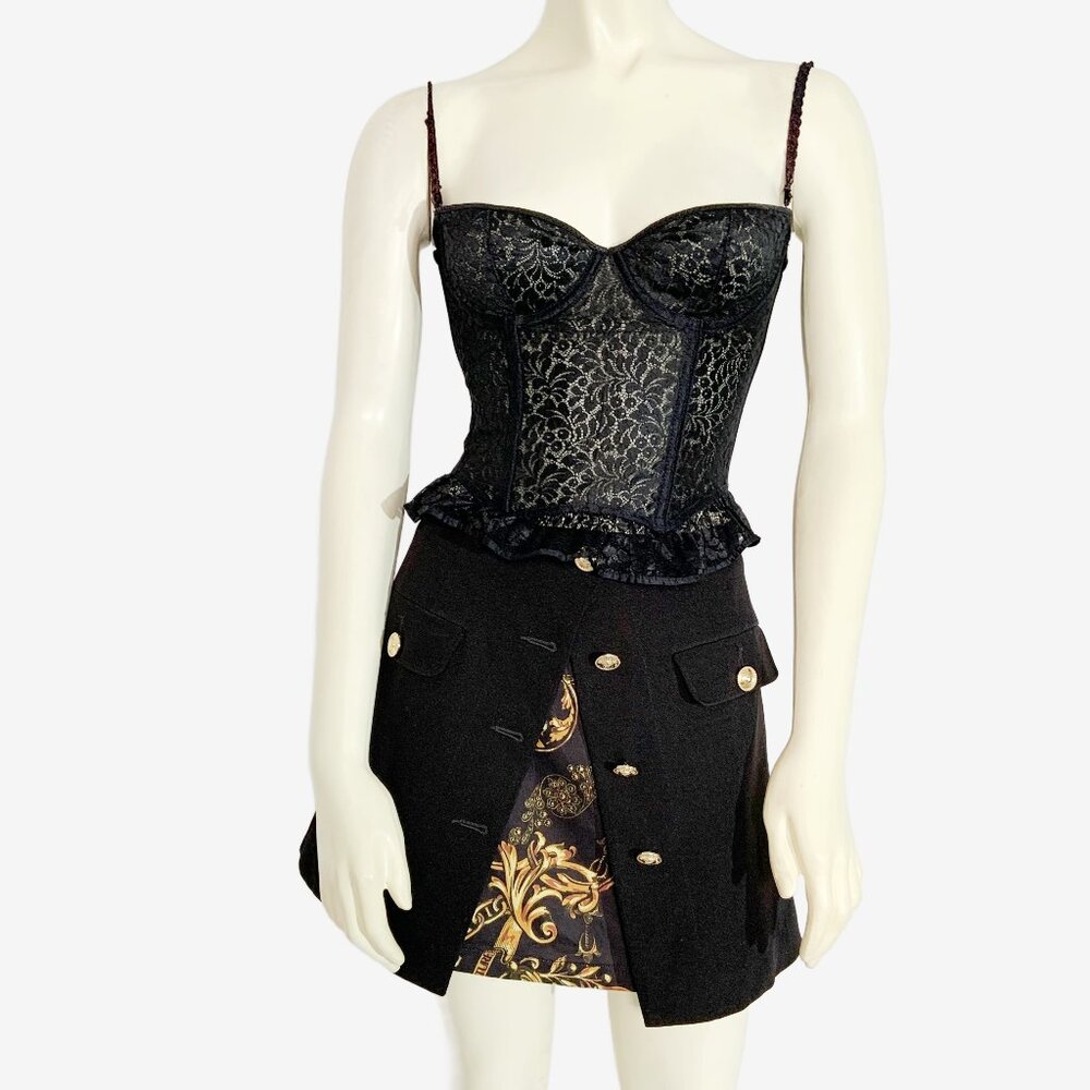 Versace Jeans Couture Layered-Effect Baroque-print Mini Skirt in Black / s-mdm